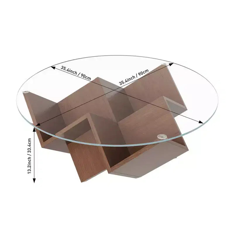 Zeus & Ruta 35.4 Walnut Round Coffee Table with Glass Top, Geometric Art Deco Base & Storage Shelves