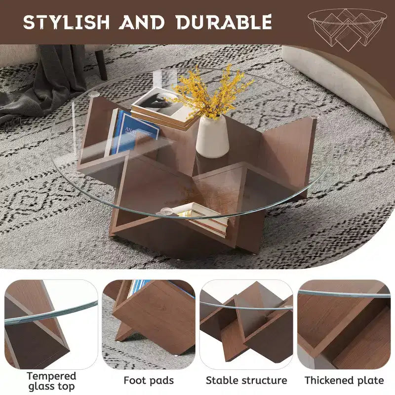 Zeus & Ruta 35.4 Walnut Round Coffee Table with Glass Top, Geometric Art Deco Base & Storage Shelves