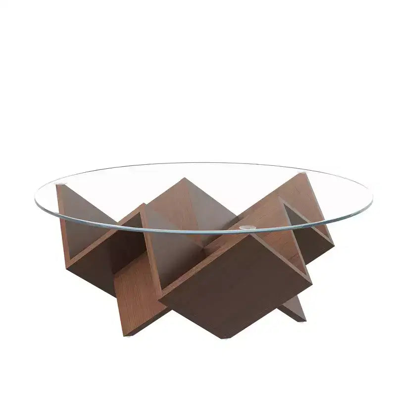 Zeus & Ruta 35.4 Walnut Round Coffee Table with Glass Top, Geometric Art Deco Base & Storage Shelves