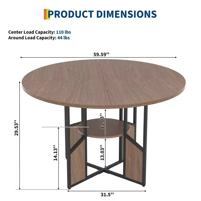 59 Inch Round Dining Table for 46,Circle Kitchen Dining Table with 2-Layer Storage Shelf & Cross Base,Large Round Table with Wood & Iron Frame