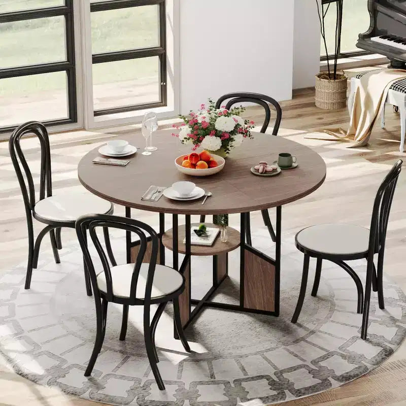 59 Inch Round Dining Table for 46,Circle Kitchen Dining Table with 2-Layer Storage Shelf & Cross Base,Large Round Table with Wood & Iron Frame