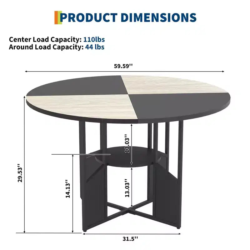 59 Inch Round Dining Table for 46,Circle Kitchen Dining Table with 2-Layer Storage Shelf & Cross Base,Large Round Table with Wood & Iron Frame