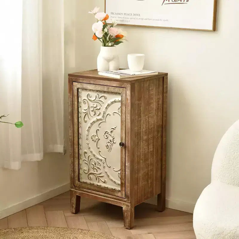eHemco Vintage Florentine End Table with Floral Door Panel, 16.5 x 14 x 31 Inches, Indoor Storage Cabinet, Natural and Cream Finish