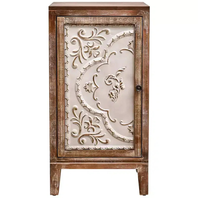 eHemco Vintage Florentine End Table with Floral Door Panel, 16.5 x 14 x 31 Inches, Indoor Storage Cabinet, Natural and Cream Finish
