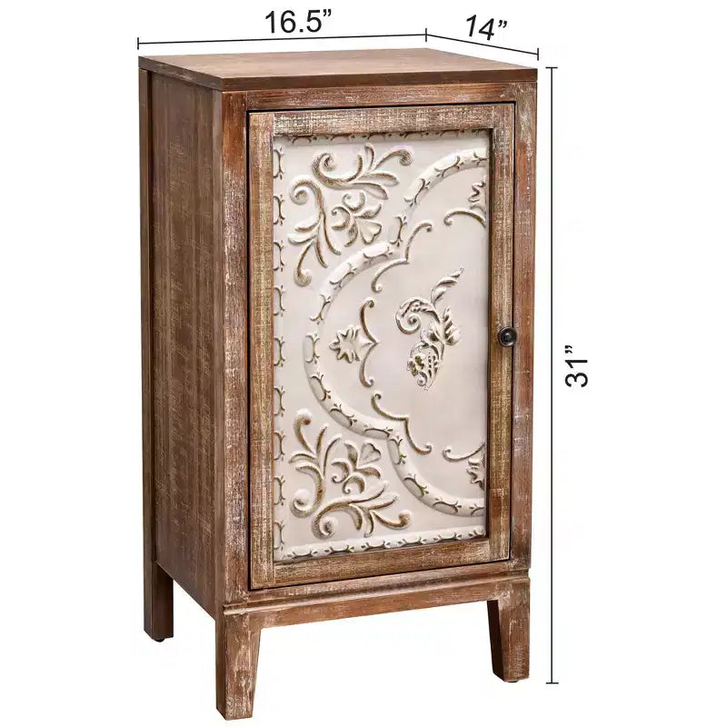 eHemco Vintage Florentine End Table with Floral Door Panel, 16.5 x 14 x 31 Inches, Indoor Storage Cabinet, Natural and Cream Finish