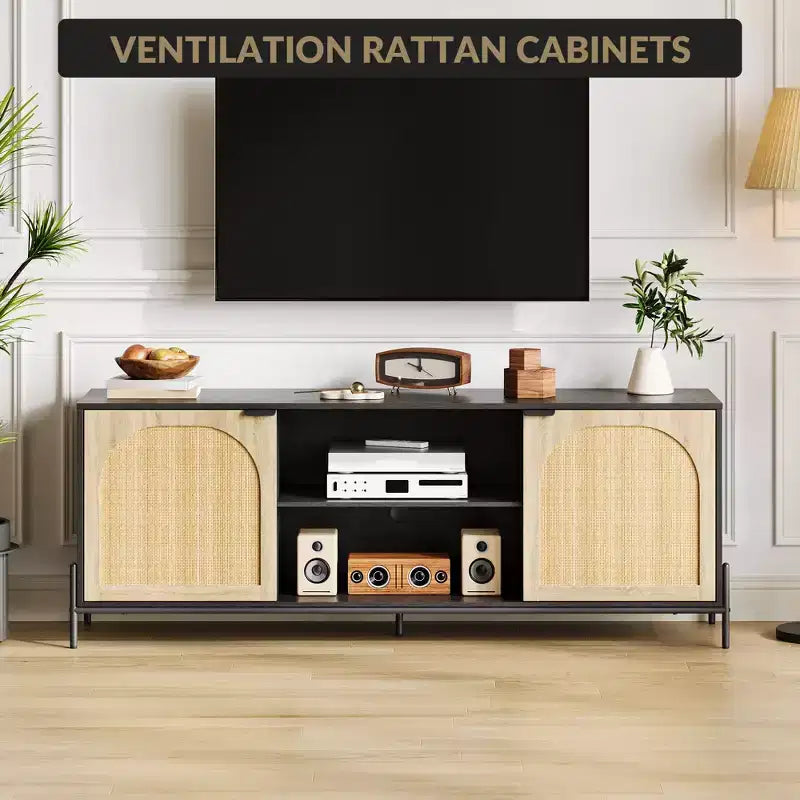 TV Stand with 3 Drawers for Living Room, Entertainment Center with Storage, Rattan Media Console Ith Metal Legs, Black Wooden Entertainment