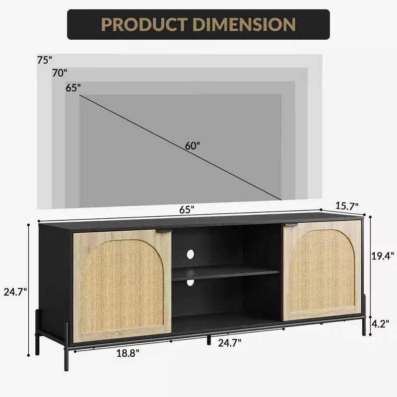TV Stand with 3 Drawers for Living Room, Entertainment Center with Storage, Rattan Media Console Ith Metal Legs, Black Wooden Entertainment