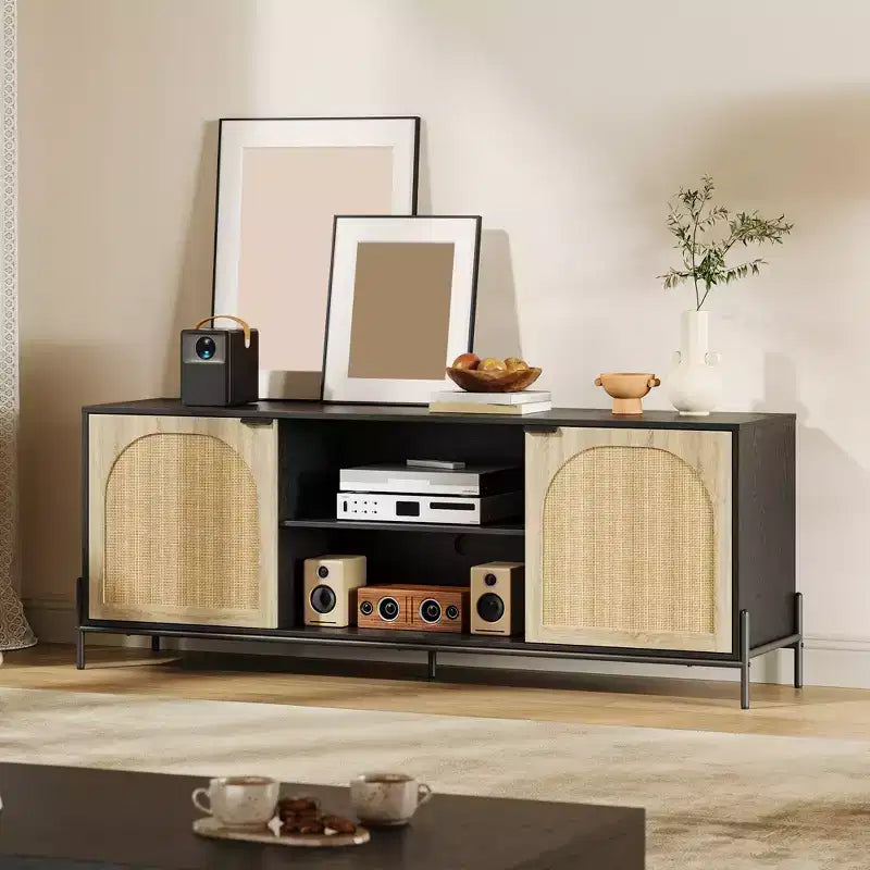 TV Stand with 3 Drawers for Living Room, Entertainment Center with Storage, Rattan Media Console Ith Metal Legs, Black Wooden Entertainment