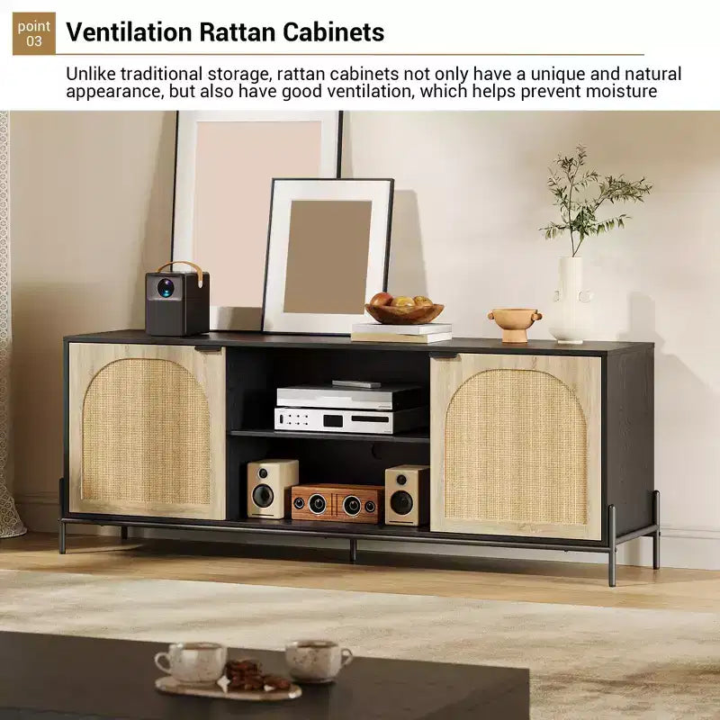 TV Stand with 3 Drawers for Living Room, Entertainment Center with Storage, Rattan Media Console Ith Metal Legs, Black Wooden Entertainment