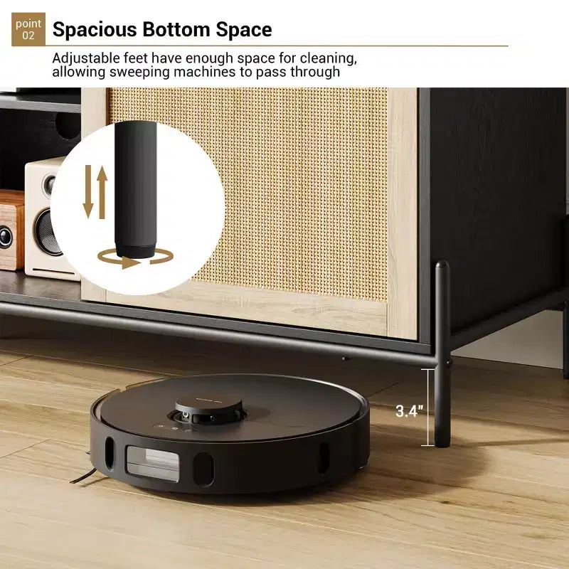 TV Stand with 3 Drawers for Living Room, Entertainment Center with Storage, Rattan Media Console Ith Metal Legs, Black Wooden Entertainment