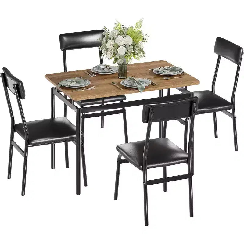 5-Piece Dining Table Set for 4, Wood & Metal Kitchen Dinner Table Set with 4 Upholstered Chairs, Black
