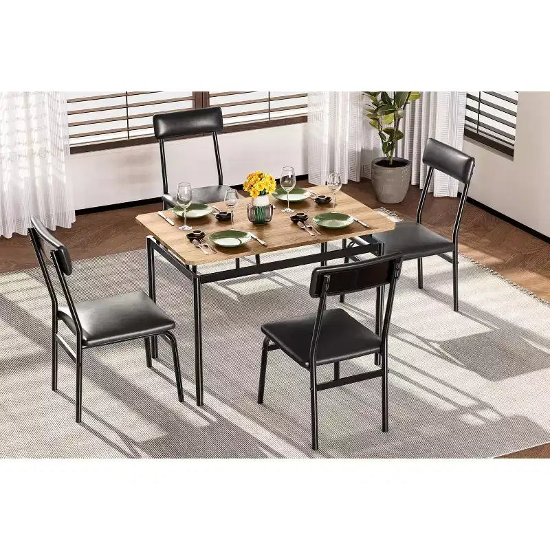 5-Piece Dining Table Set for 4, Wood & Metal Kitchen Dinner Table Set with 4 Upholstered Chairs, Black