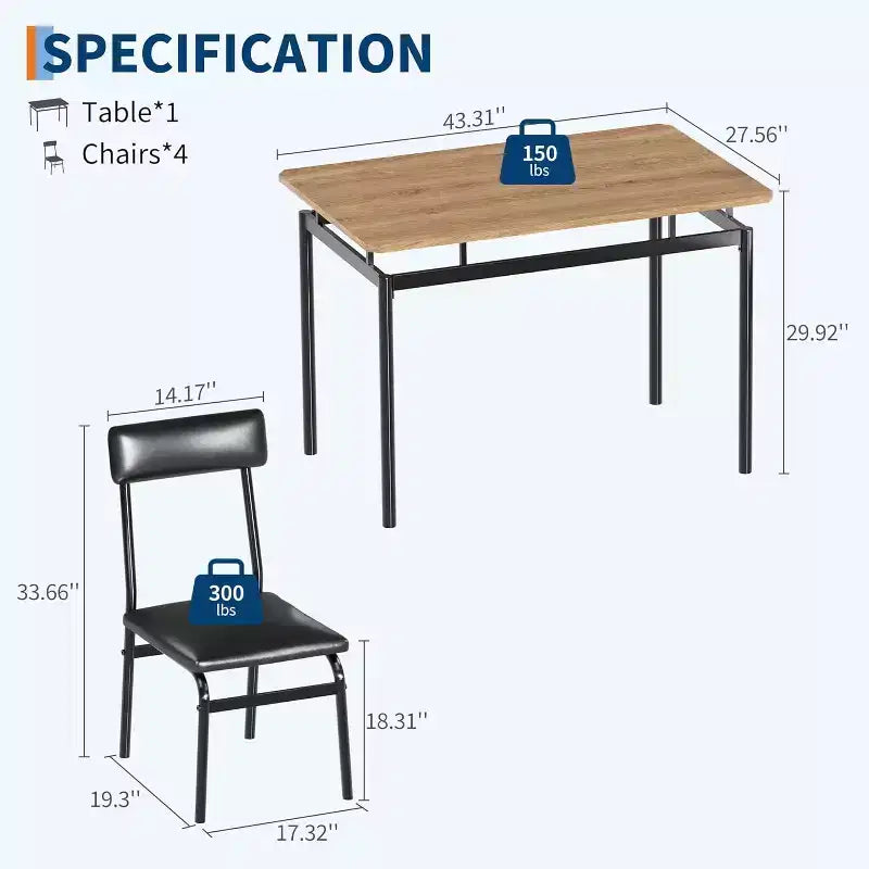 5-Piece Dining Table Set for 4, Wood & Metal Kitchen Dinner Table Set with 4 Upholstered Chairs, Black