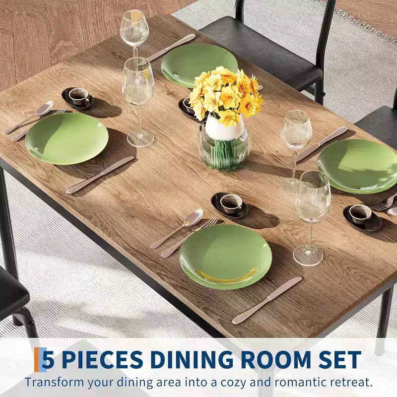 5-Piece Dining Table Set for 4, Wood & Metal Kitchen Dinner Table Set with 4 Upholstered Chairs, Black
