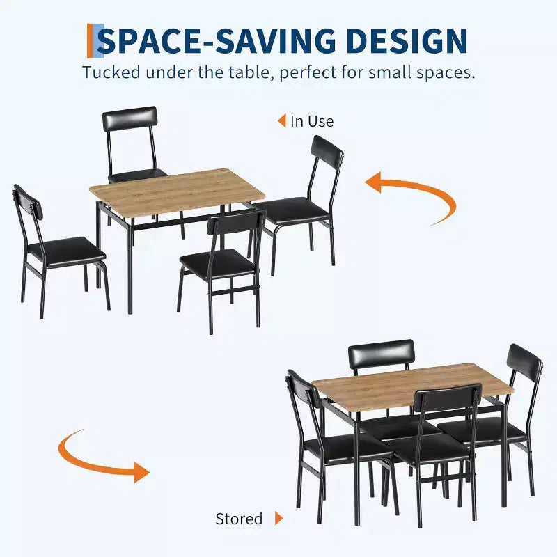 5-Piece Dining Table Set for 4, Wood & Metal Kitchen Dinner Table Set with 4 Upholstered Chairs, Black
