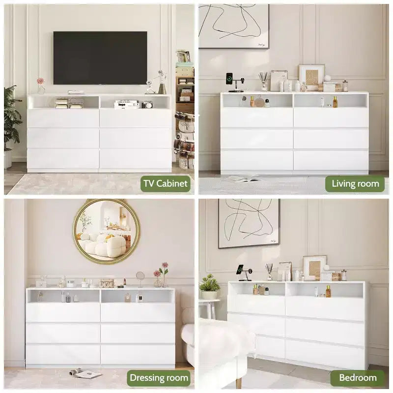 Dyonery Modern Dresser 6 Drawer Dresser for Bedroom with LED Lights/Power Outlet,Double Wide Drawer Storage Organizer TV Stand for Living Room