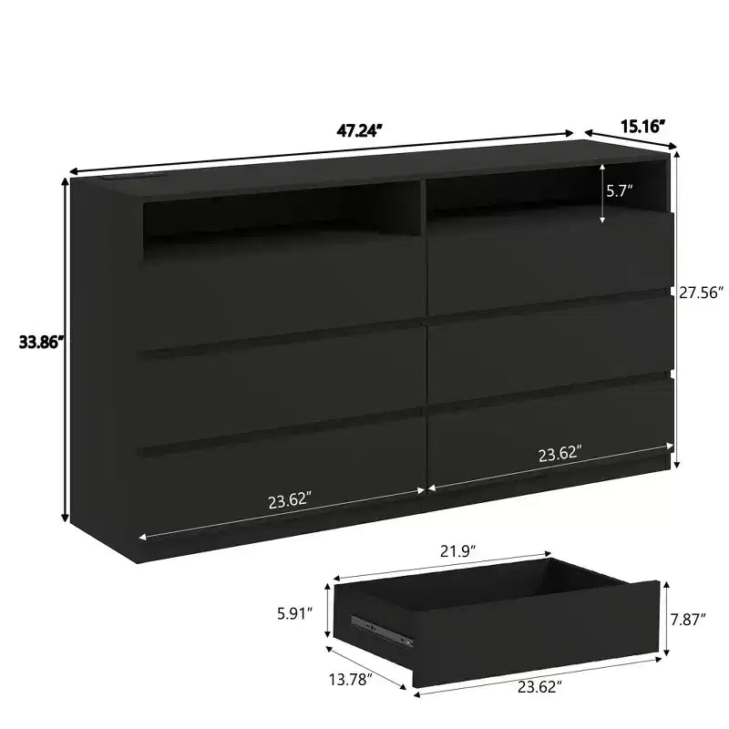 Dyonery Modern Dresser 6 Drawer Dresser for Bedroom with LED Lights/Power Outlet,Double Wide Drawer Storage Organizer TV Stand for Living Room