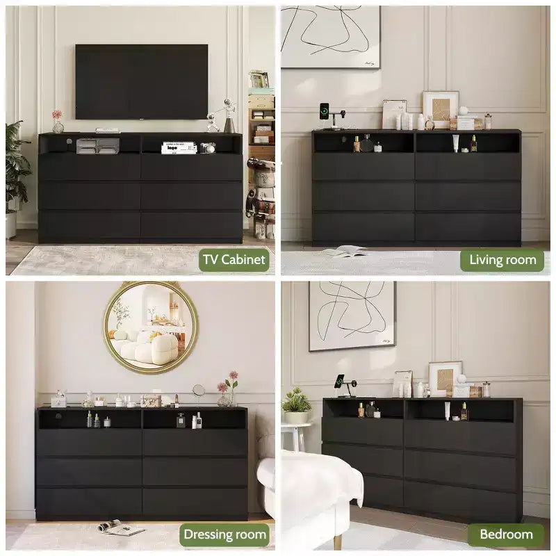 Dyonery Modern Dresser 6 Drawer Dresser for Bedroom with LED Lights/Power Outlet,Double Wide Drawer Storage Organizer TV Stand for Living Room