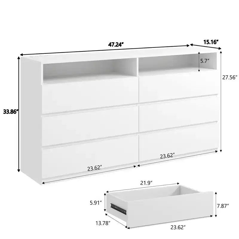 Dyonery Modern Dresser 6 Drawer Dresser for Bedroom with LED Lights/Power Outlet,Double Wide Drawer Storage Organizer TV Stand for Living Room
