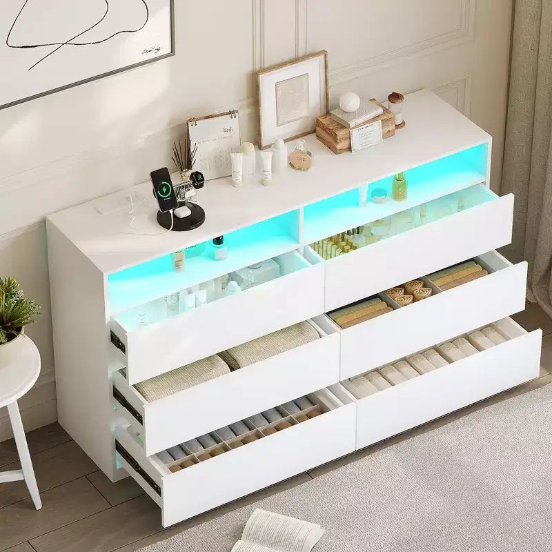 Dyonery Modern Dresser 6 Drawer Dresser for Bedroom with LED Lights/Power Outlet,Double Wide Drawer Storage Organizer TV Stand for Living Room
