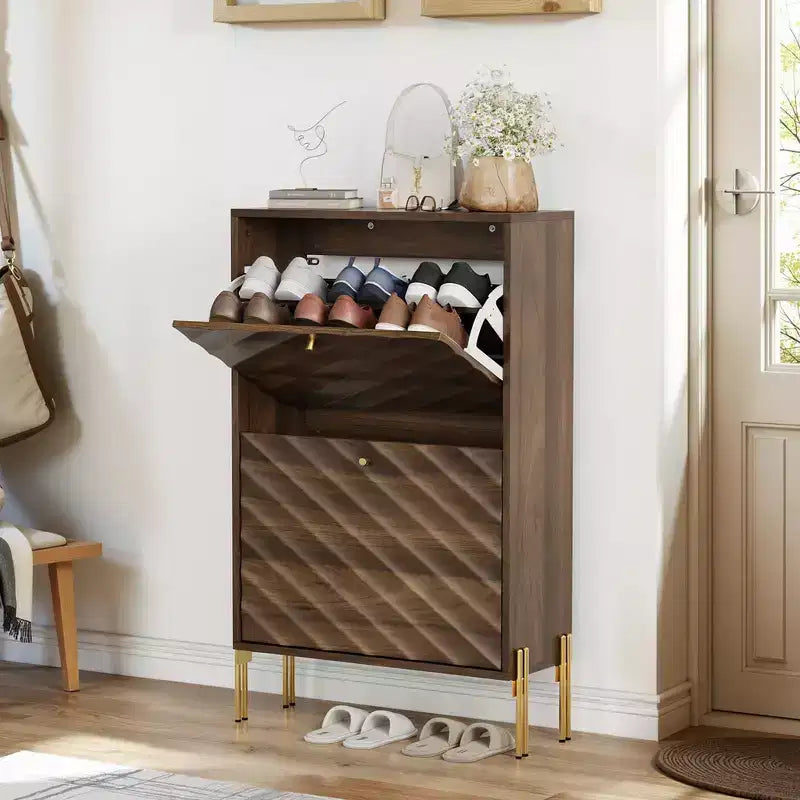 Okak Modern Freestanding Shoe Cabinet Organizer with 2 Flip Drawers,Mid-Century Storage Shoe Rack for Corridors, Entrances