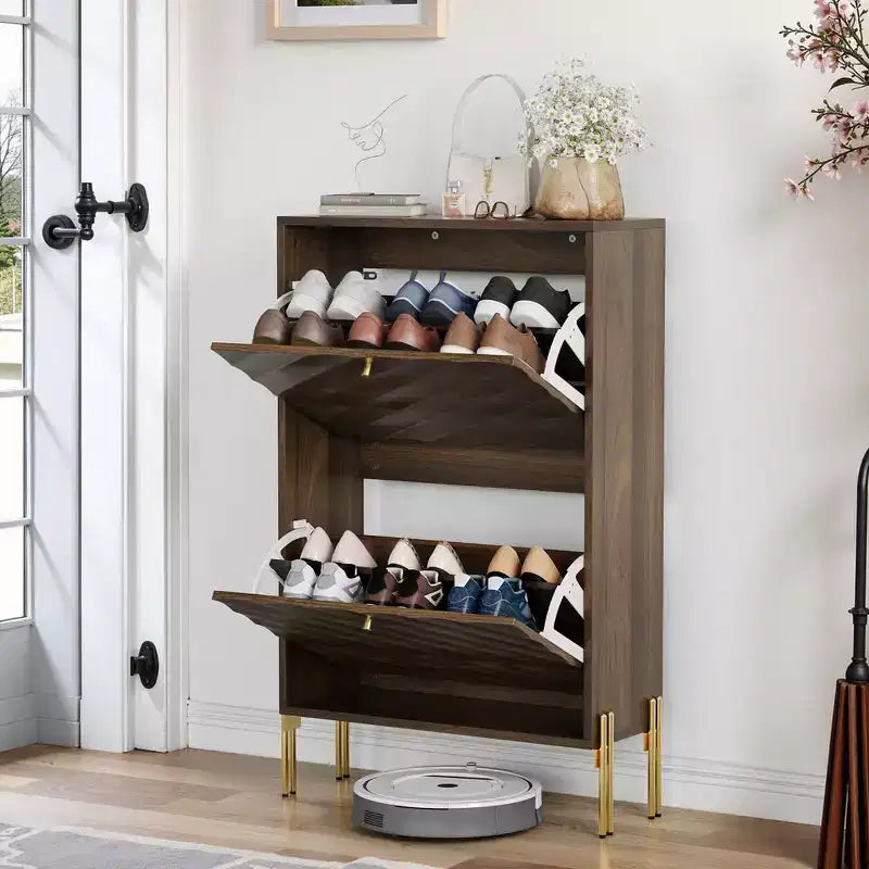 Okak Modern Freestanding Shoe Cabinet Organizer with 2 Flip Drawers,Mid-Century Storage Shoe Rack for Corridors, Entrances