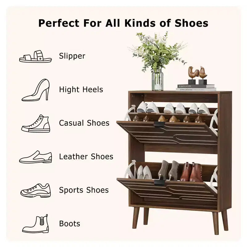 Okak Modern Freestanding Shoe Cabinet Organizer with 2 Flip Drawers,Mid-Century Storage Shoe Rack for Corridors, Entrances