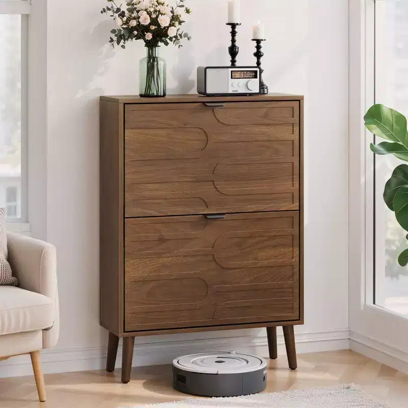 Okak Modern Freestanding Shoe Cabinet Organizer with 2 Flip Drawers,Mid-Century Storage Shoe Rack for Corridors, Entrances