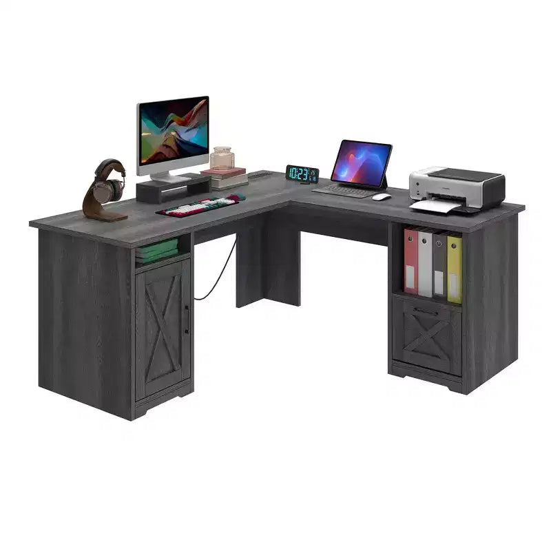 60 Inch L Shaped Desk Corner Computer Desk With File Drawer And Storage Cabinet For Home Office, Study Room