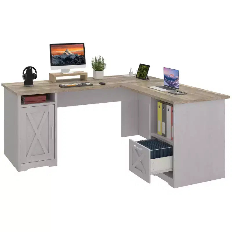 60 Inch L Shaped Desk Corner Computer Desk With File Drawer And Storage Cabinet For Home Office, Study Room