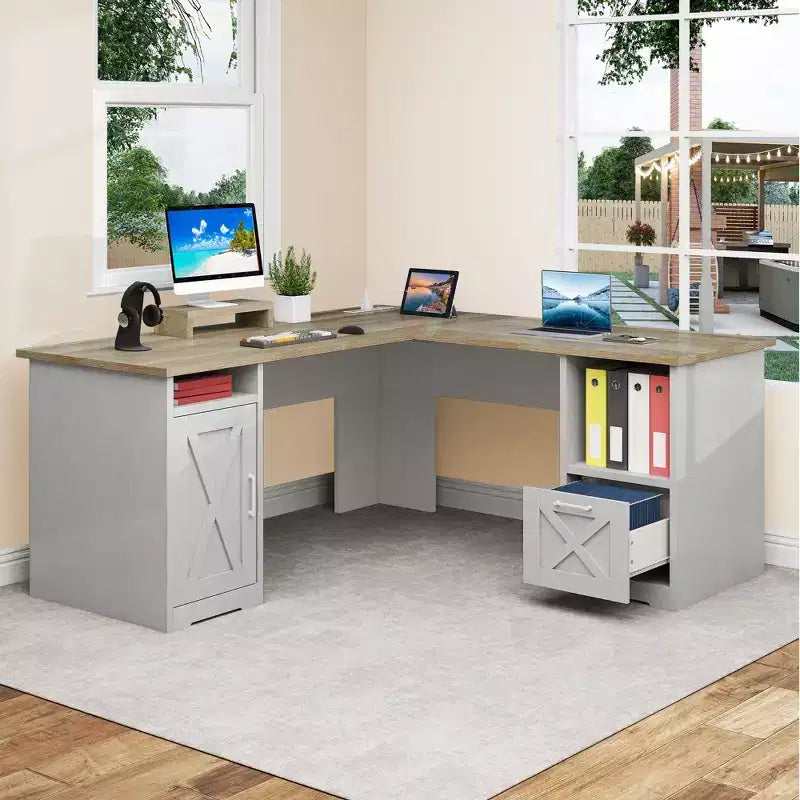 60 Inch L Shaped Desk Corner Computer Desk With File Drawer And Storage Cabinet For Home Office, Study Room