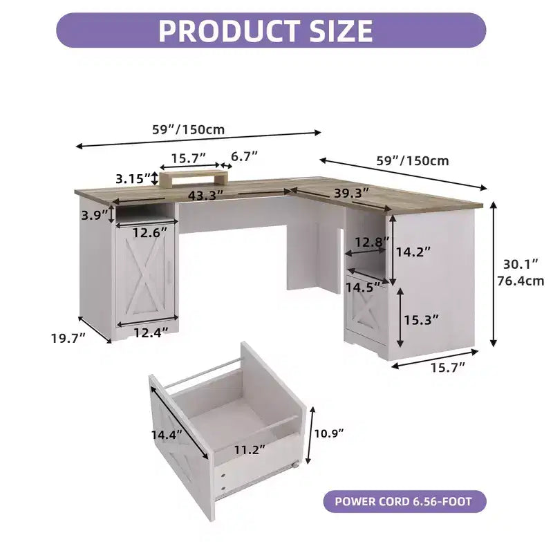 60 Inch L Shaped Desk Corner Computer Desk With File Drawer And Storage Cabinet For Home Office, Study Room