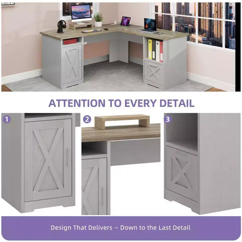 60 Inch L Shaped Desk Corner Computer Desk With File Drawer And Storage Cabinet For Home Office, Study Room