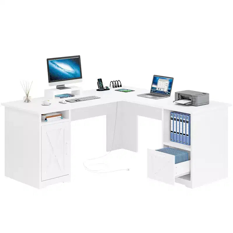 60 Inch L Shaped Desk Corner Computer Desk With File Drawer And Storage Cabinet For Home Office, Study Room