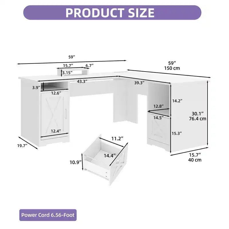 60 Inch L Shaped Desk Corner Computer Desk With File Drawer And Storage Cabinet For Home Office, Study Room