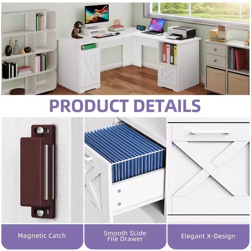 60 Inch L Shaped Desk Corner Computer Desk With File Drawer And Storage Cabinet For Home Office, Study Room
