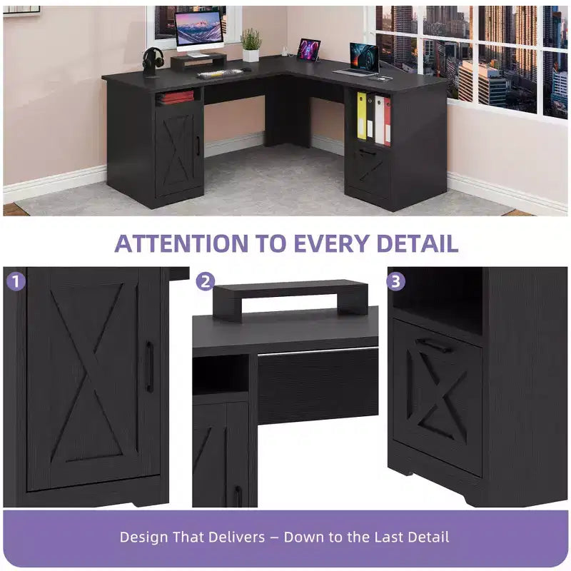 60 Inch L Shaped Desk Corner Computer Desk With File Drawer And Storage Cabinet For Home Office, Study Room