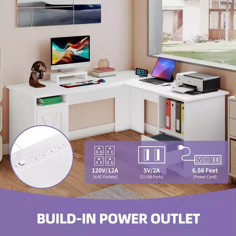 60 Inch L Shaped Desk Corner Computer Desk With File Drawer And Storage Cabinet For Home Office, Study Room
