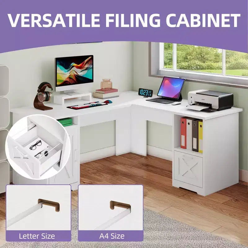 60 Inch L Shaped Desk Corner Computer Desk With File Drawer And Storage Cabinet For Home Office, Study Room