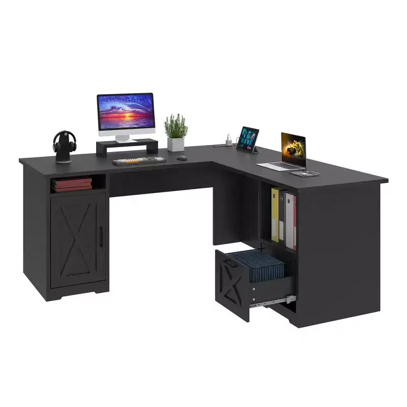 60 Inch L Shaped Desk Corner Computer Desk With File Drawer And Storage Cabinet For Home Office, Study Room