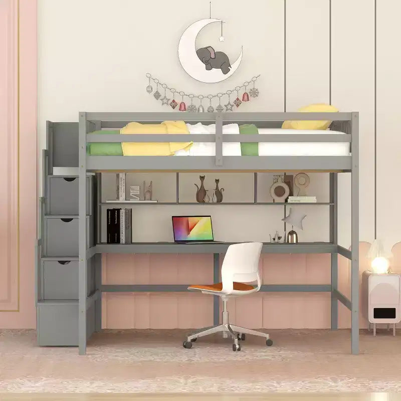 MAYEERTY Full Size Loft Bed with Built-in Desk, Storage Shelves & Storage Staircase for Bedroom Gray