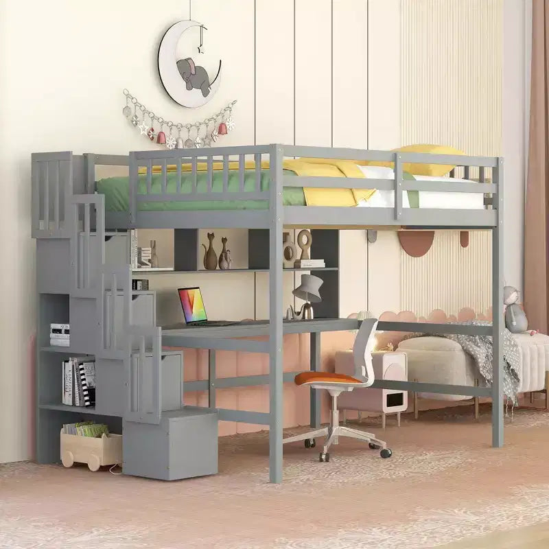 MAYEERTY Full Size Loft Bed with Built-in Desk, Storage Shelves & Storage Staircase for Bedroom Gray