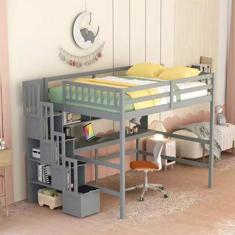 MAYEERTY Full Size Loft Bed with Built-in Desk, Storage Shelves & Storage Staircase for Bedroom Gray