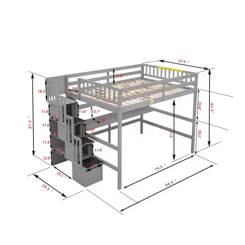 MAYEERTY Full Size Loft Bed with Built-in Desk, Storage Shelves & Storage Staircase for Bedroom Gray