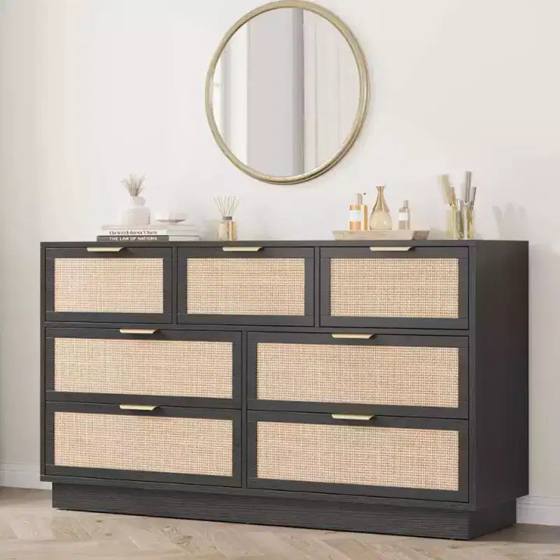 Rattan 7 Drawer Dresser, 55in Wide 7 Chest of Drawers with Metal Handles and Wooden Sturdy Base for Bedroom Living Room Nursery