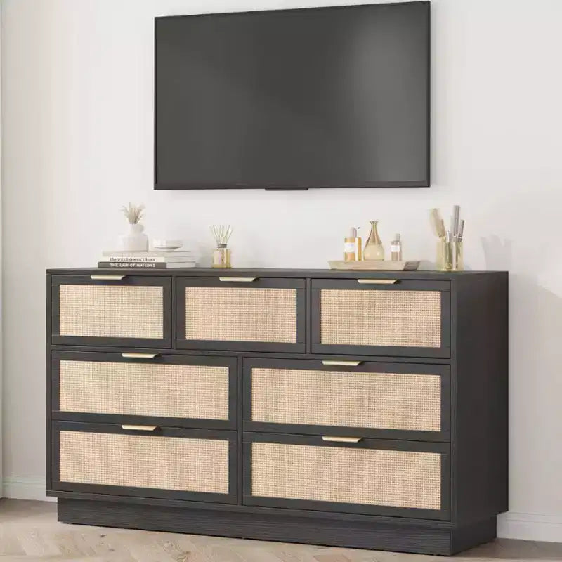 Rattan 7 Drawer Dresser, 55in Wide 7 Chest of Drawers with Metal Handles and Wooden Sturdy Base for Bedroom Living Room Nursery