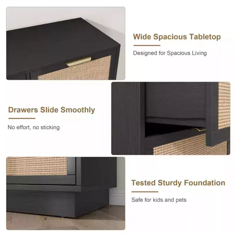 Rattan 7 Drawer Dresser, 55in Wide 7 Chest of Drawers with Metal Handles and Wooden Sturdy Base for Bedroom Living Room Nursery