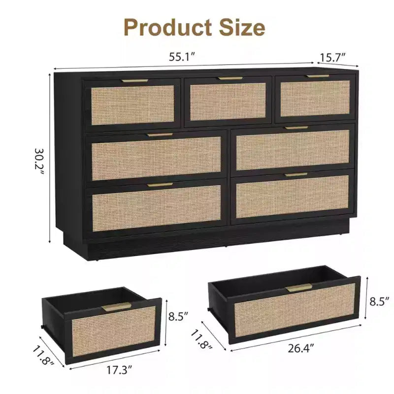 Rattan 7 Drawer Dresser, 55in Wide 7 Chest of Drawers with Metal Handles and Wooden Sturdy Base for Bedroom Living Room Nursery