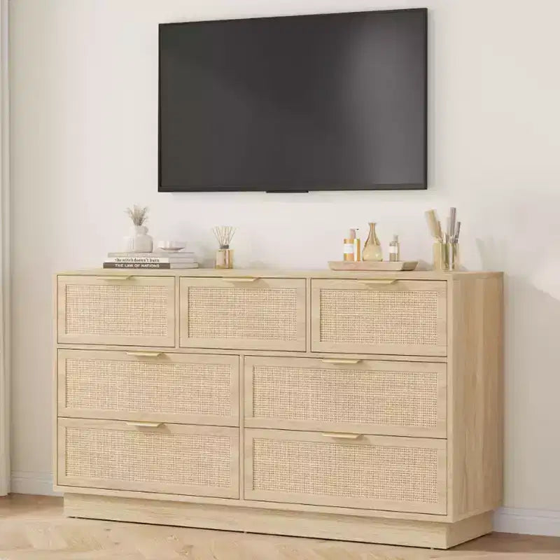 Rattan 7 Drawer Dresser, 55in Wide 7 Chest of Drawers with Metal Handles and Wooden Sturdy Base for Bedroom Living Room Nursery