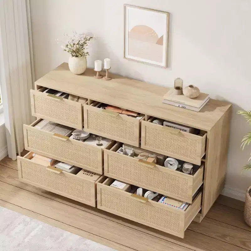 Rattan 7 Drawer Dresser, 55in Wide 7 Chest of Drawers with Metal Handles and Wooden Sturdy Base for Bedroom Living Room Nursery